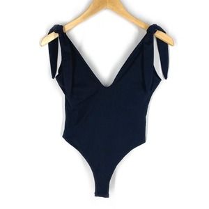 Tiger Mist Plunge Bodysuit Top Black Sleeveless Tie Shoulder Stretch XS